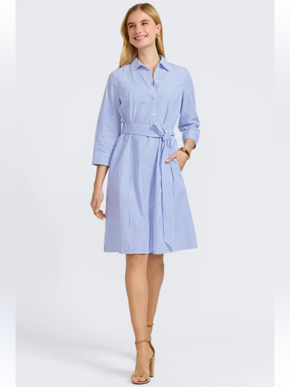 Foxcroft Fiona Blue White Stripe Seersucker Shirt Dress L NWT - Picture 5 of 8